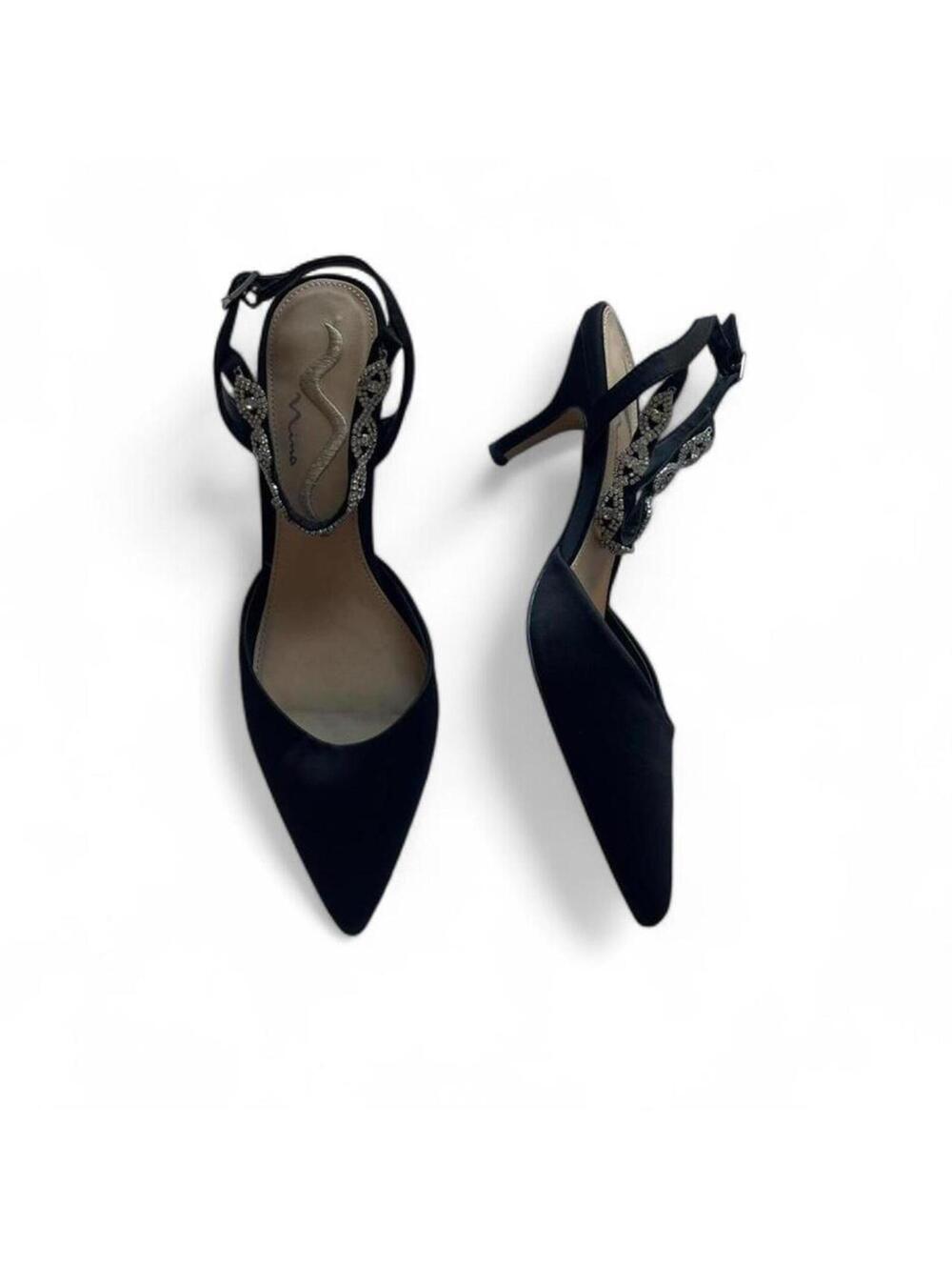 Leather Y2K Vintage Nina Black Pointed Toe Sliver Detail Slingback Heels